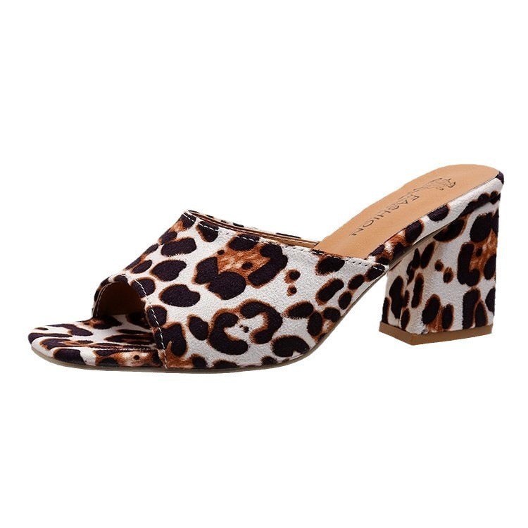 Leopard Square Toe Sandals Summer High-heeled Slippers Chunky Heel Shoes For Women