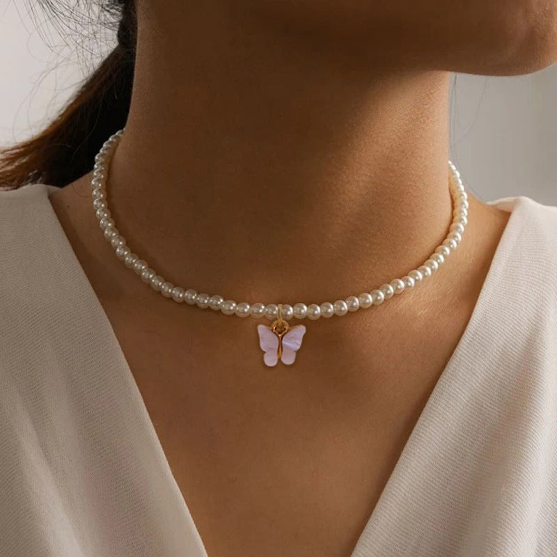 Elegant White Pearl Choker Necklace Small Round Pearl Wedding Butterfly Necklace For Women Charm Fashion Jewelry