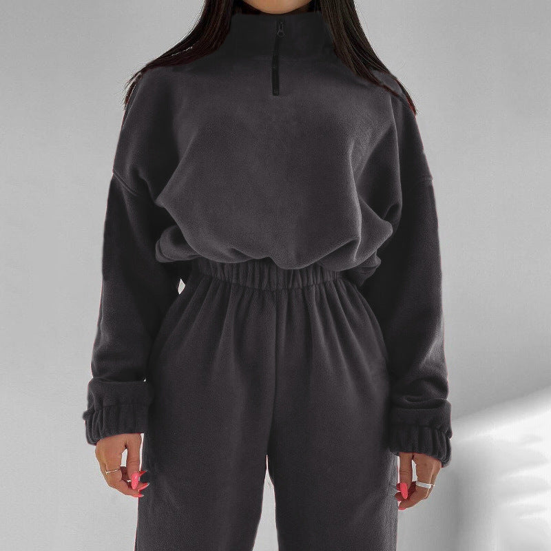 Loose Zip Stand Collar Sweater Two-piece Set