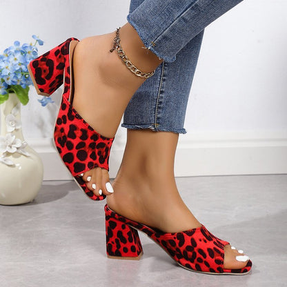 Leopard Square Toe Sandals Summer High-heeled Slippers Chunky Heel Shoes For Women